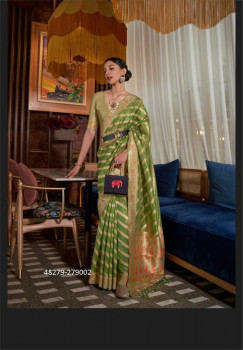 Olive Green Organza Silk Saree With Meenakari Weaving