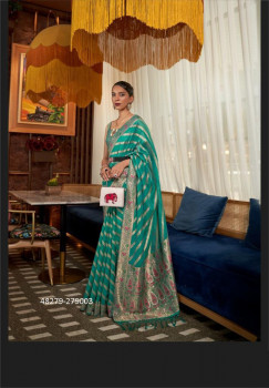 Teal Blue Organza Silk Saree With Meenakari Weaving