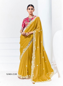 Mustard Yellow Organza Digitally Printed Party-Wear Boutique-Style Saree